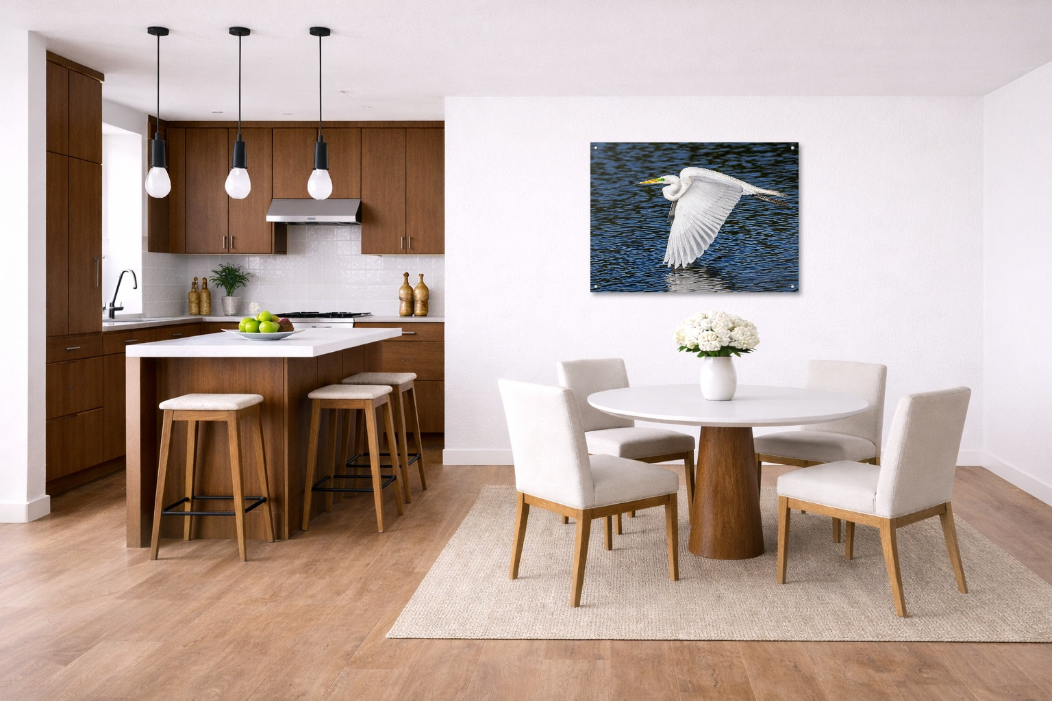 White Egret in Flight printed on aluminum metal with wall anchors. Hung on a kitchen-dinette wall.