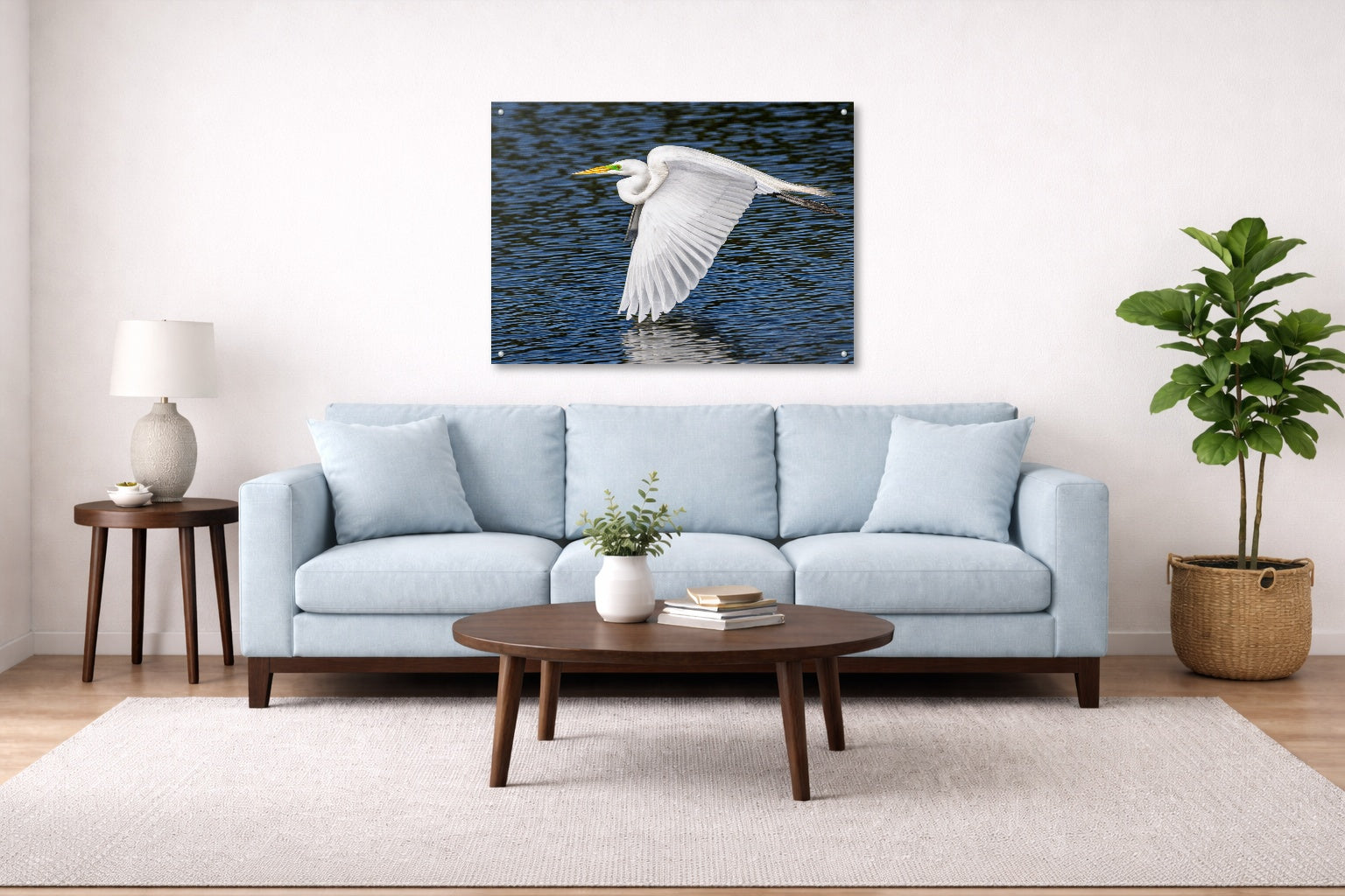White Egret in Flight printed on aluminum metal with wall anchors. Hung on a living room wall.
