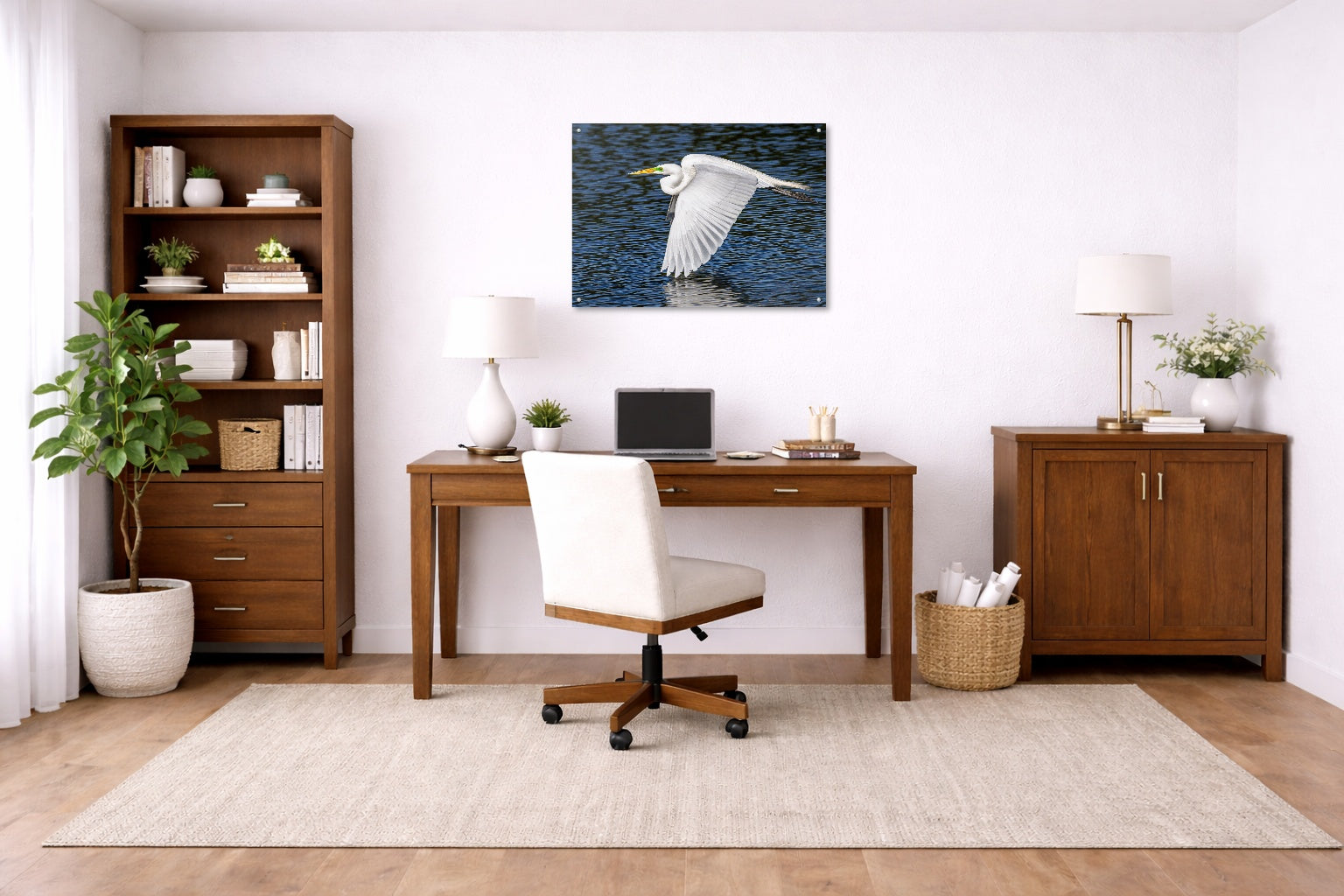 White Egret in Flight printed on aluminum metal with wall anchors. Hung on a office wall.