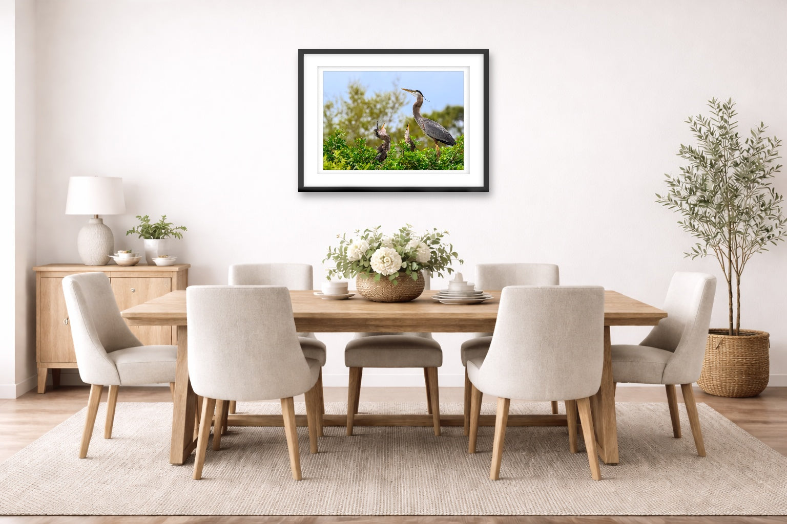 Blue Herons with Chicks printed on fine art paper, framed on a black frame and matted and hung on a dining room wall.
