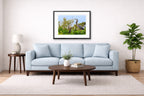 Blue Herons with Chicks printed on fine art paper, framed on a black frame and matted and hung on a Living Room wall above a couch