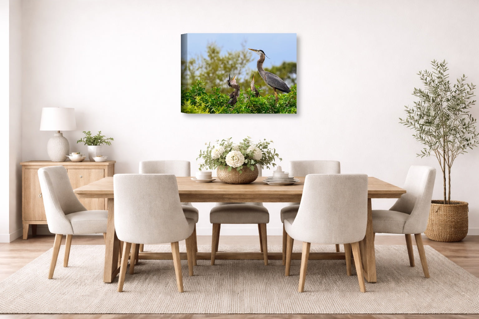 Blue Herons with Chicks printed on canvas wall art displayed on a wall in the dinning room