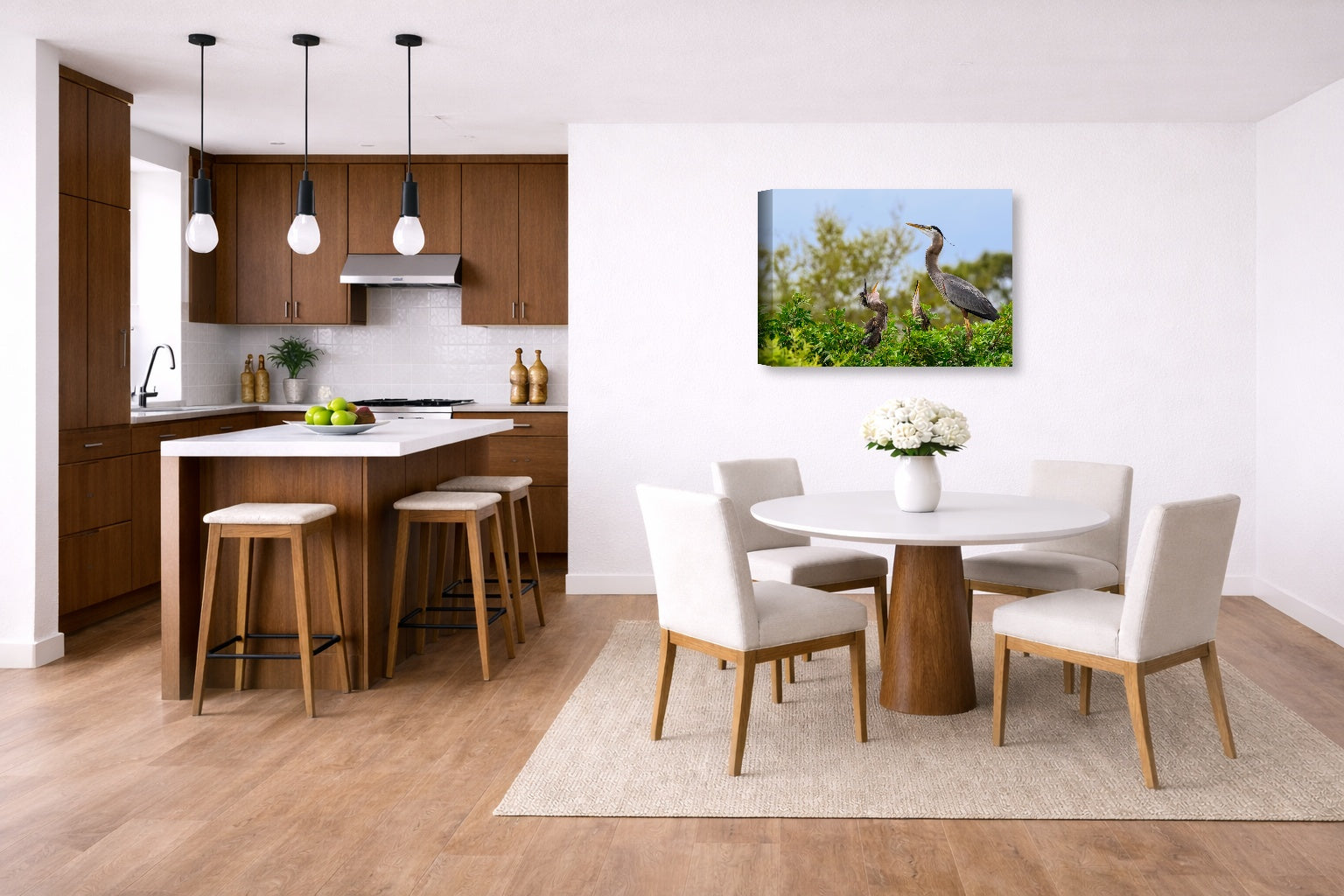 Blue Herons with Chicks printed on canvas wall art displayed on a wall in a dinette.