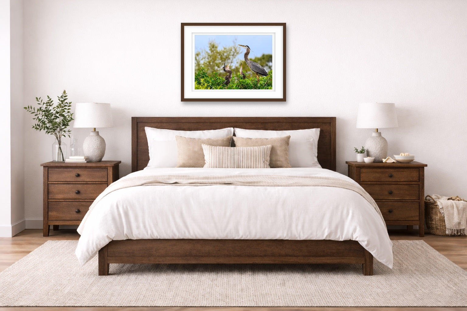 Blue Herons with Chicks printed on fine art paper, framed on a espresso frame and matted. Hung on a living bedroom wall.