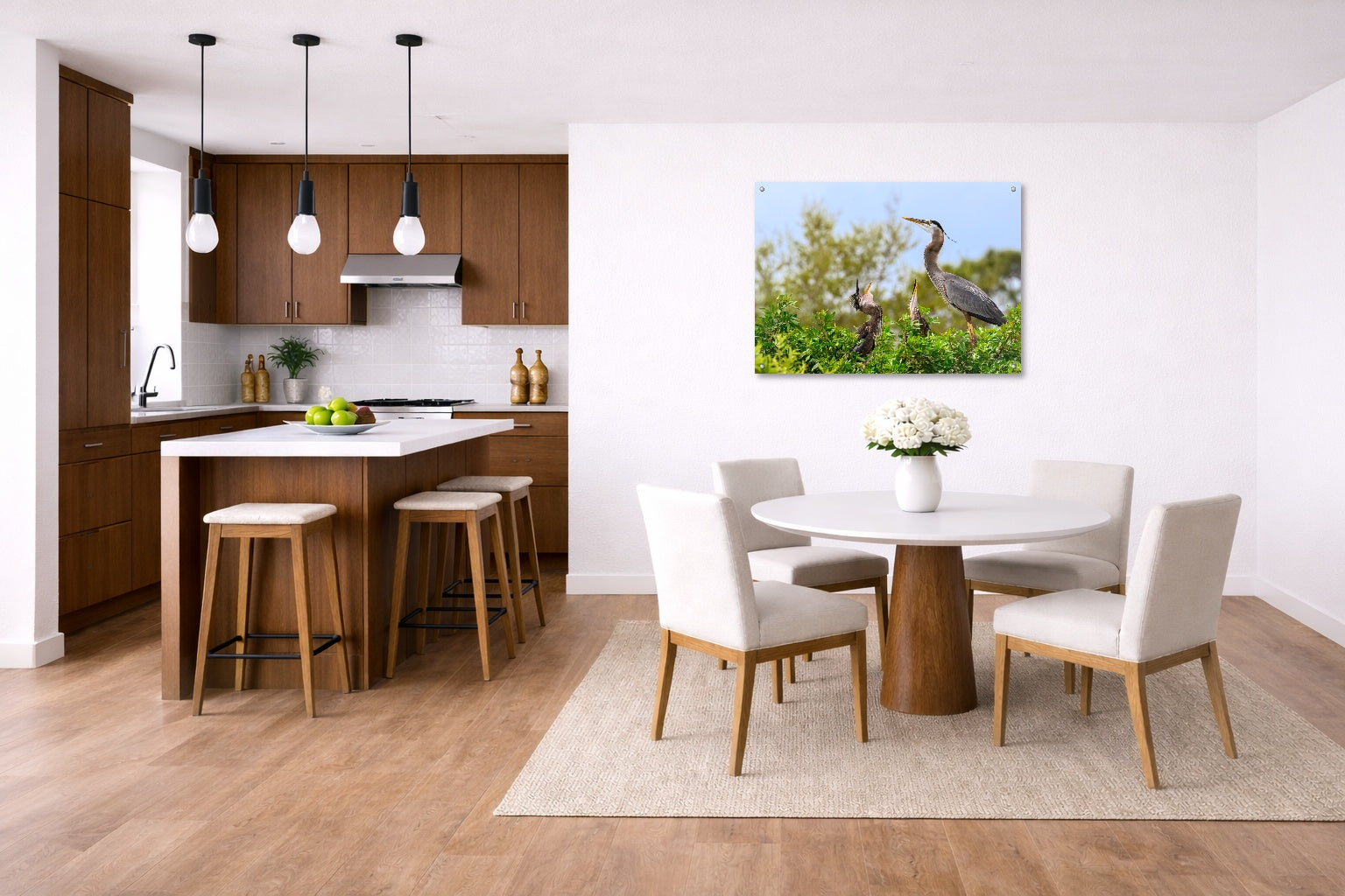 Blue Herons with Chicks printed on aluminum metal with wall anchors. Hung on a kitchen-dinette wall.