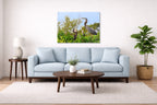 Blue Herons with Chicks printed on aluminum metal with wall anchors. Hung on a living room wall.