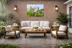 Blue Herons with Chicks printed on water resistant canvas and mounted on a waterproof frame. Hung on a patio wall.