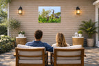 Blue Herons with Chicks printed on water resistant canvas and mounted on a waterproof frame. Hung on a patio wall with couple.