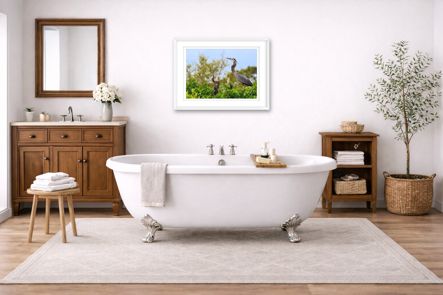 Blue Herons with Chicks printed on fine art paper, framed on a white frame and matted. Hung on a bathroom wall