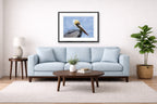 Pelican Posing against a blue sky printed on fine art paper, framed on a black frame and matted and hung on a Living Room wall above a couch