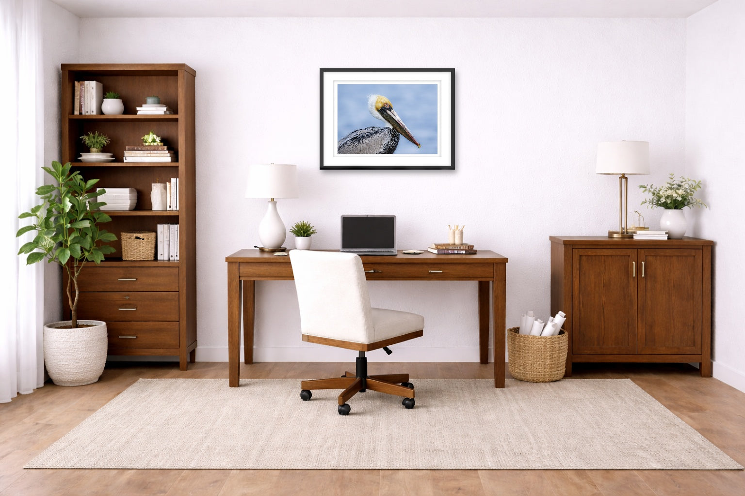 Pelican Posing against a blue sky printed on fine art paper, framed on a black frame and matted and hung on a wall on an home office wall.
