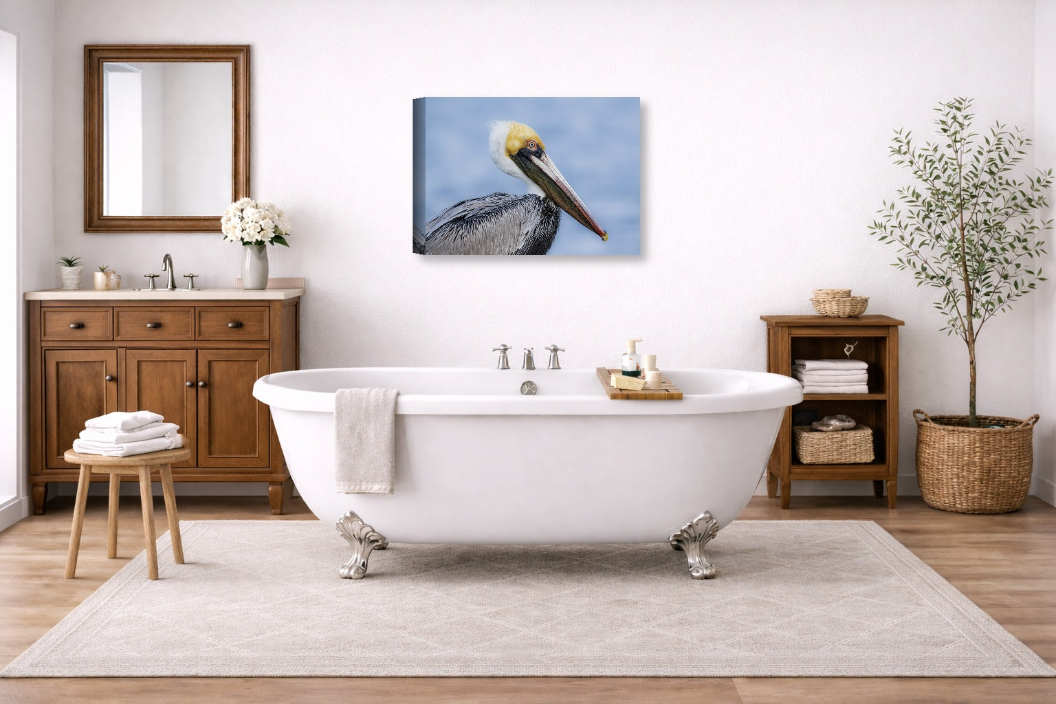 Pelican Posing against a blue sky printed on canvas wall art displayed on a bathroom wall .