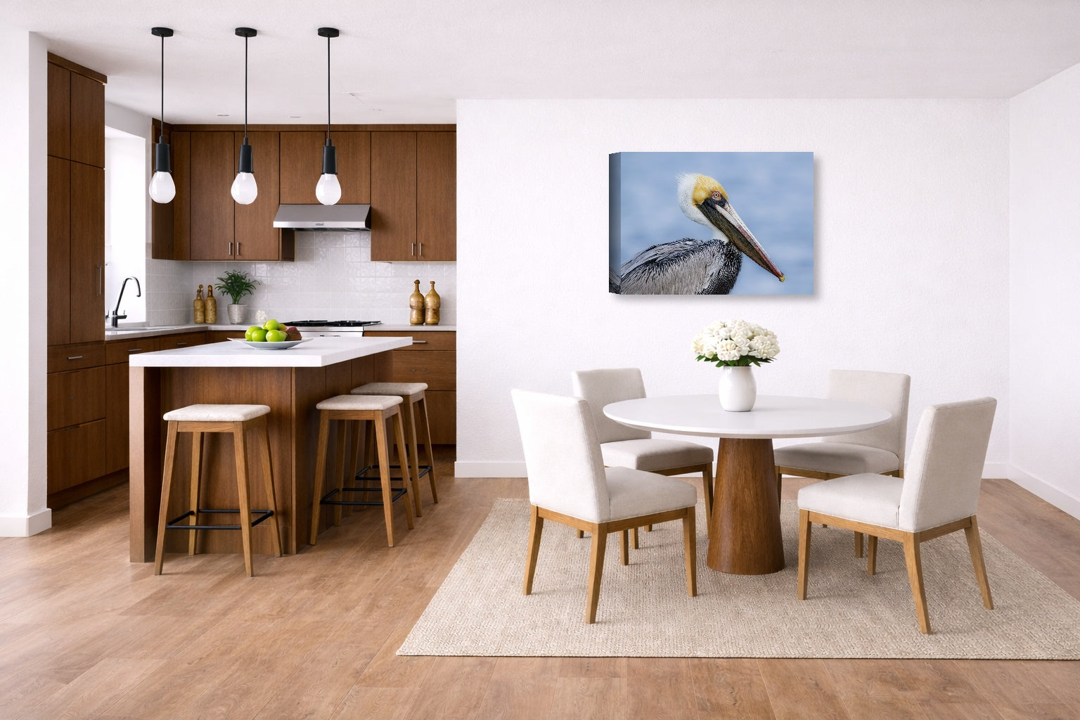 Pelican Posing against a blue sky printed on canvas wall art displayed on a wall in a dinette.