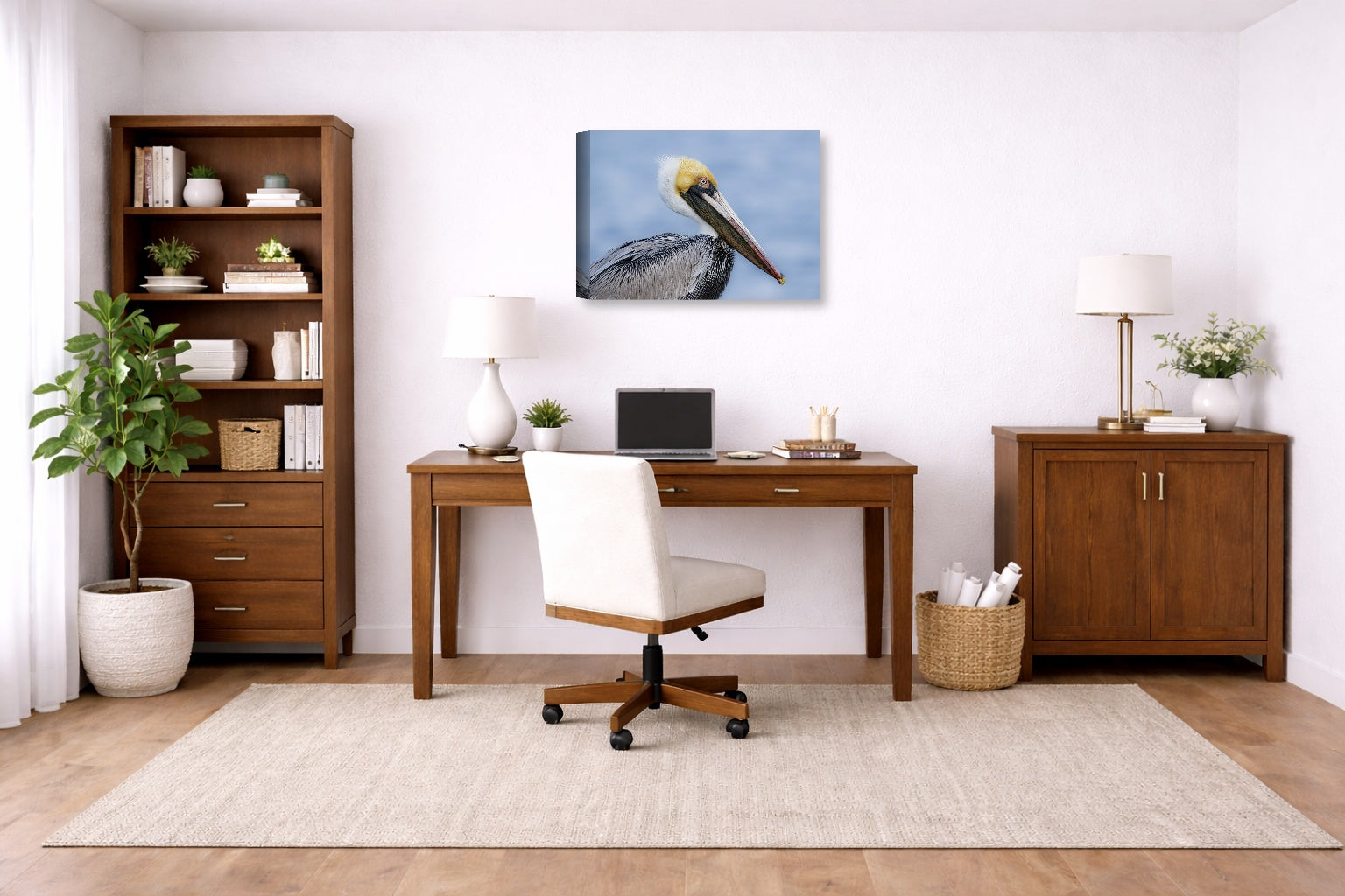 Pelican Posing against a blue sky printed on canvas wall art displayed on a wall in a a home office.
