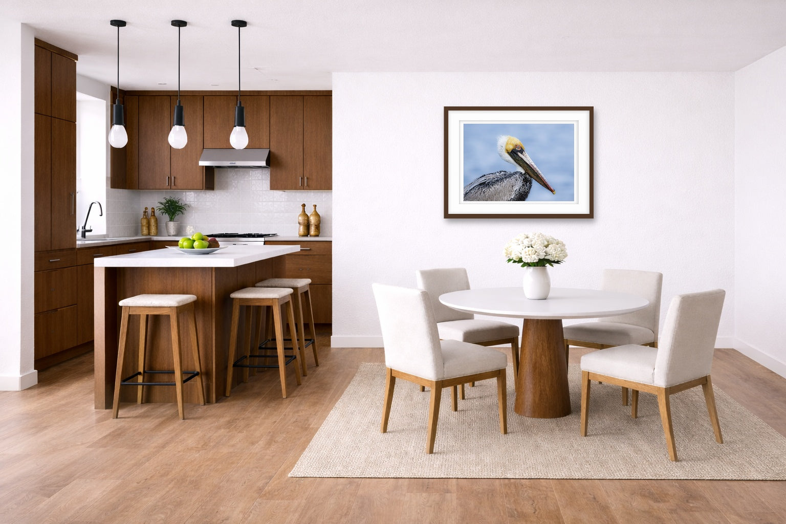 Pelican Posing against a blue sky printed on fine art paper, framed on a espresso frame and matted. Hung on a living kitchen-dinette wall.