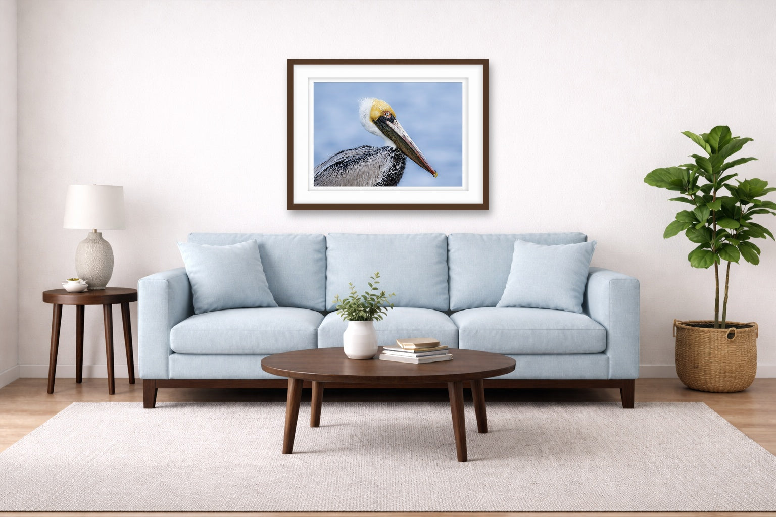 Pelican Posing against a blue sky printed on fine art paper, framed on a espresso frame and matted. Hung on a living room wall