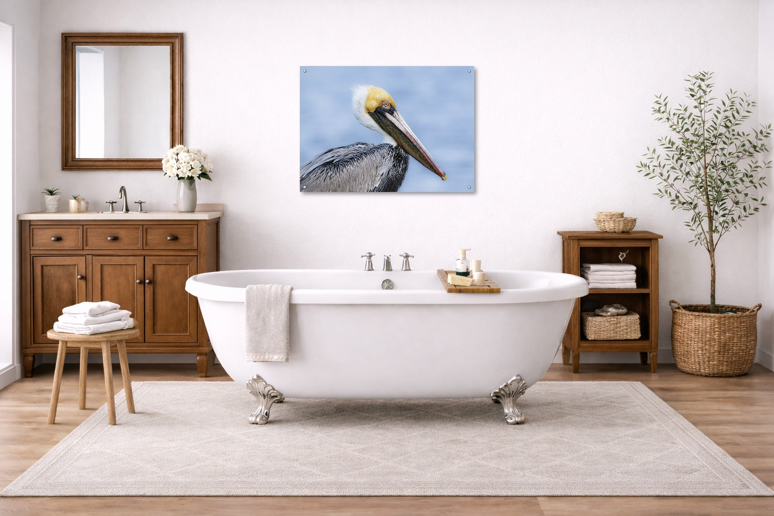 Pelican Posing against a blue sky printed on aluminum metal with wall anchors. Hung on a bathroom wall.