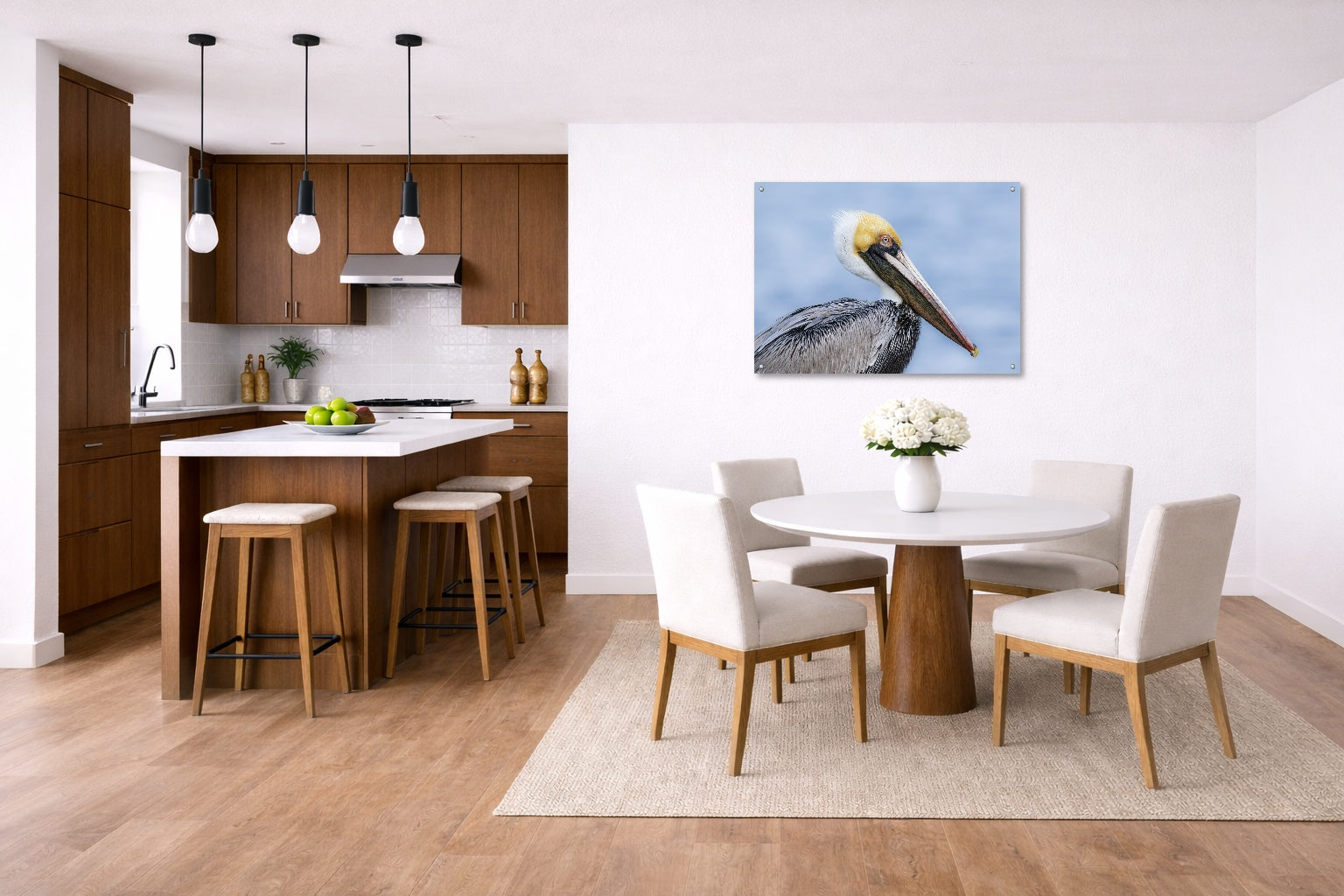 Pelican Posing against a blue sky printed on aluminum metal with wall anchors. Hung on a kitchen-dinette wall.