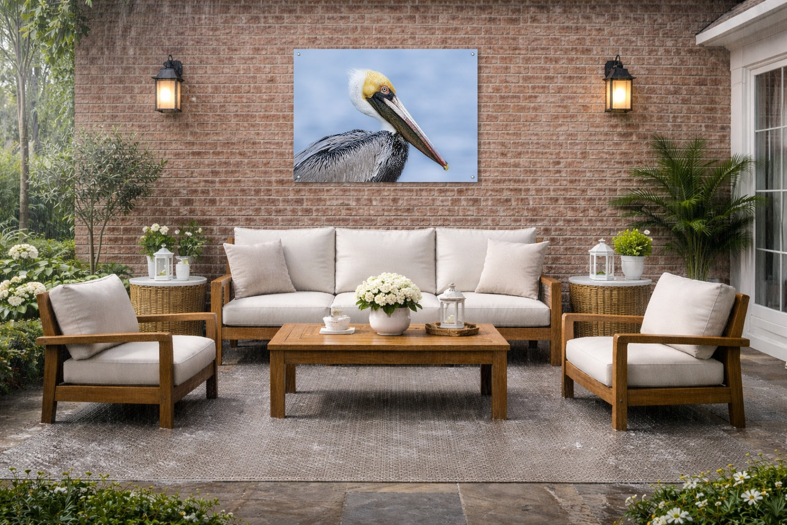 Pelican Posing against a blue sky printed on water resistant canvas and mounted on a waterproof frame. Hung on a patio wall.