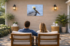 Pelican Posing against a blue sky printed on water resistant canvas and mounted on a waterproof frame. Hung on a patio wall with couple.