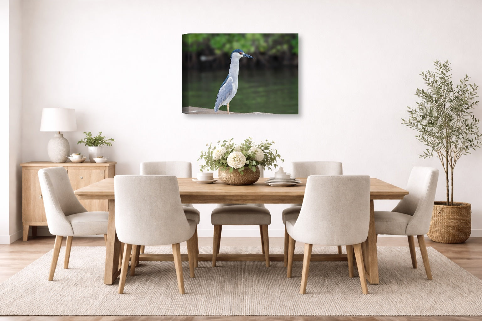 Night Heron Posing printed on canvas wall art displayed on a wall in the dinning room