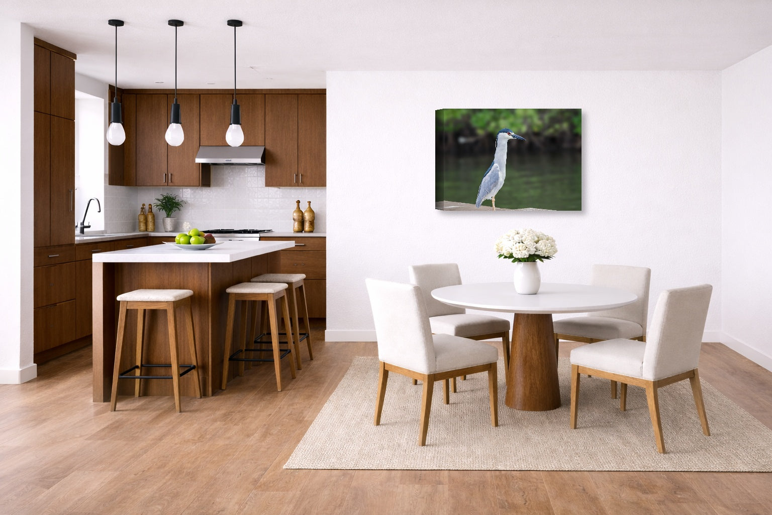 Night Heron Posing printed on canvas wall art displayed on a wall in a dinette.