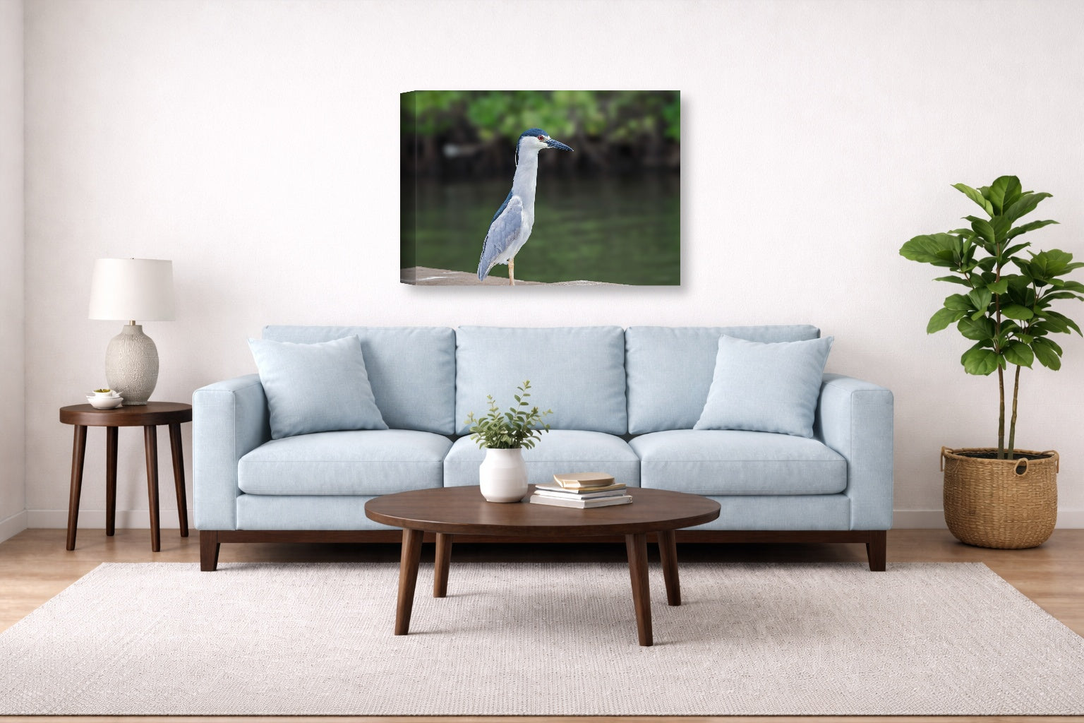 Night Heron Posing printed on canvas wall art displayed above a couch in a living room