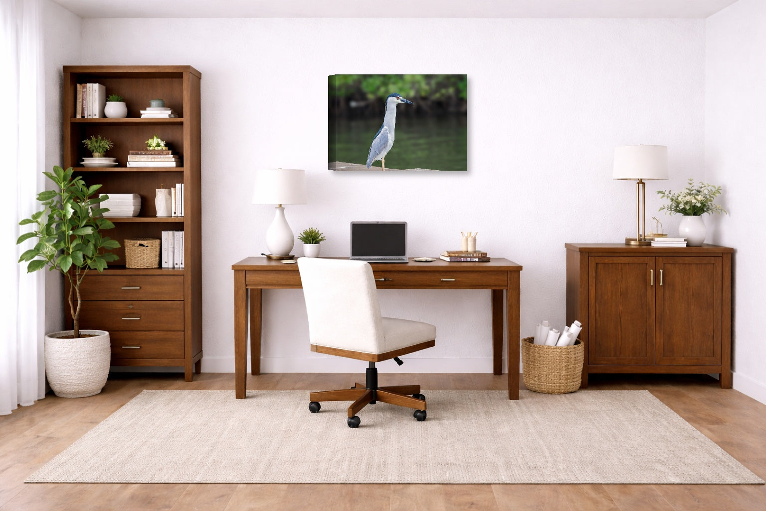 Night Heron Posing printed on canvas wall art displayed on a wall in a a home office.