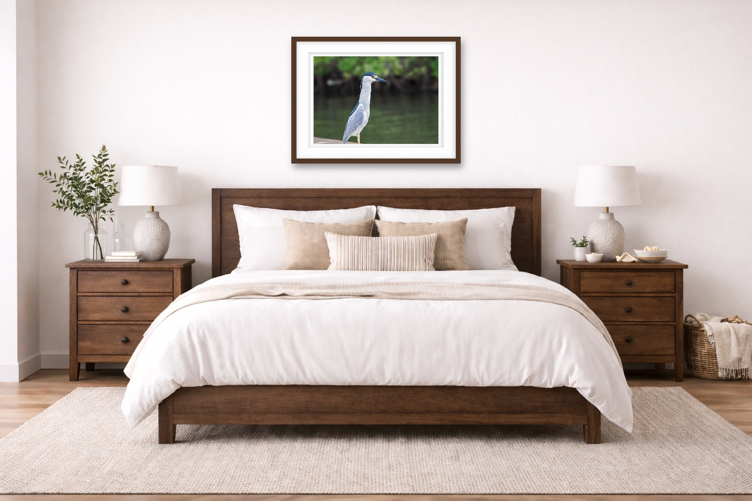 Night Heron Posing printed on fine art paper, framed on a espresso frame and matted. Hung on a living bedroom wall.