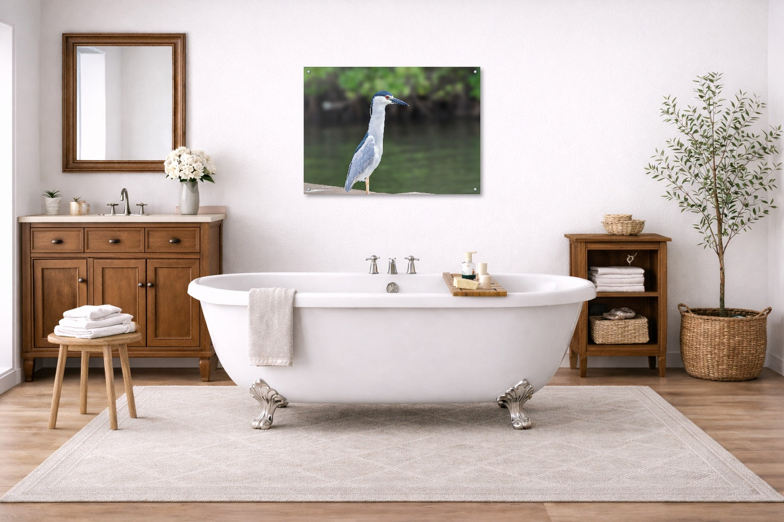 Night Heron Posing printed on aluminum metal with wall anchors. Hung on a bathroom wall.