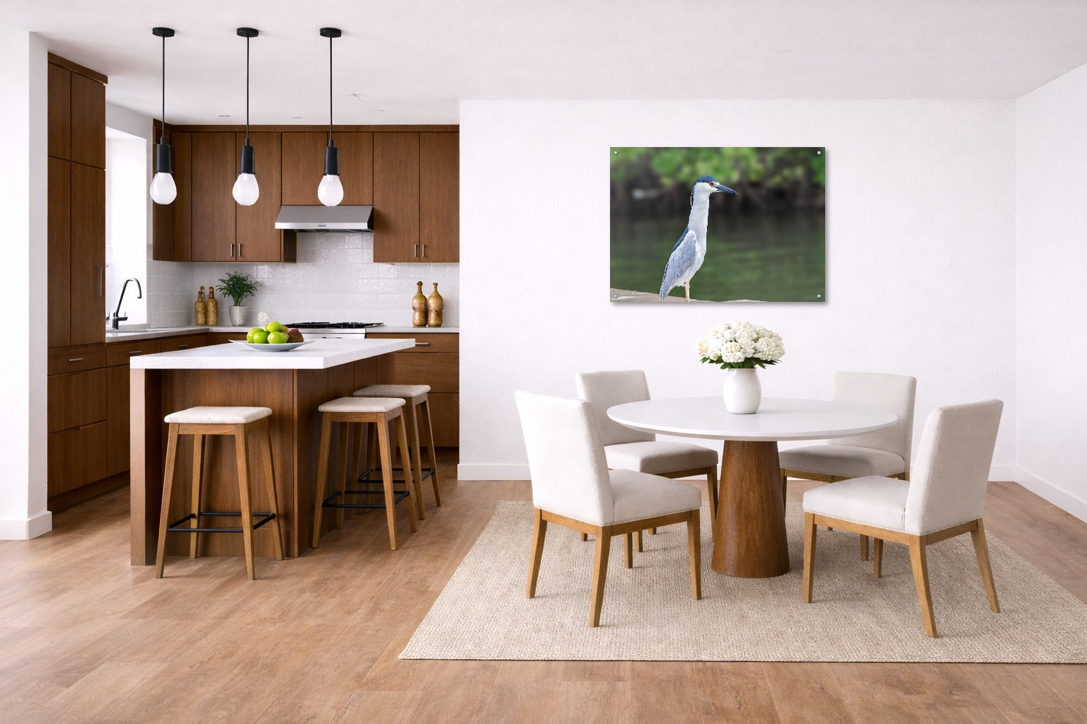 Night Heron Posing printed on aluminum metal with wall anchors. Hung on a kitchen-dinette wall.
