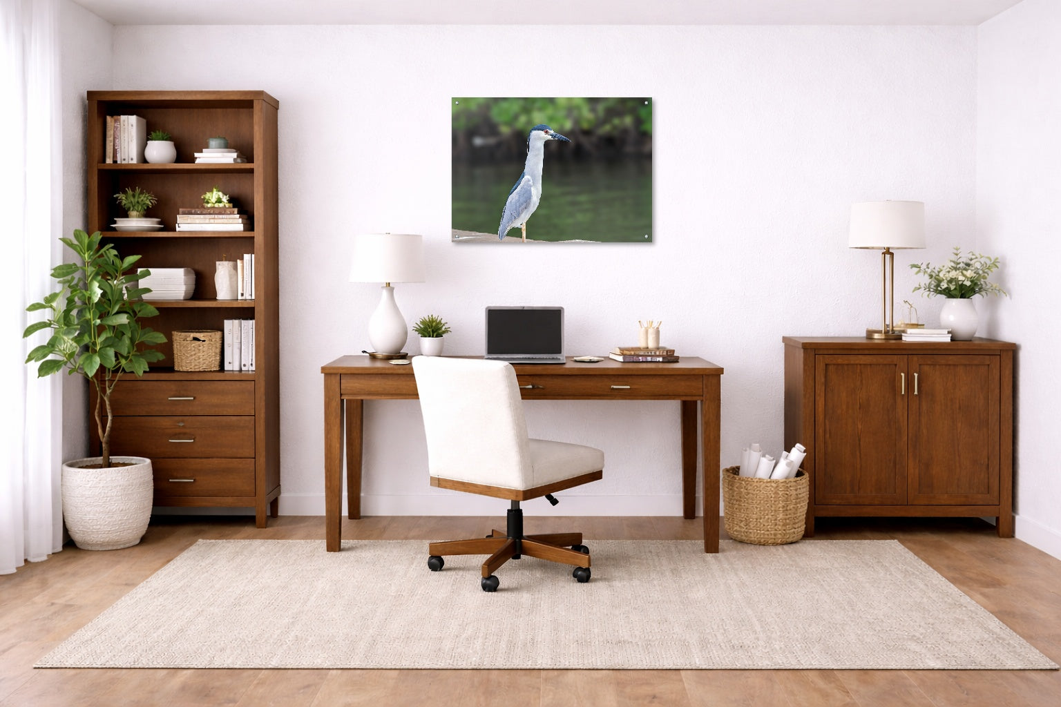 Night Heron Posing printed on aluminum metal with wall anchors. Hung on a office wall.