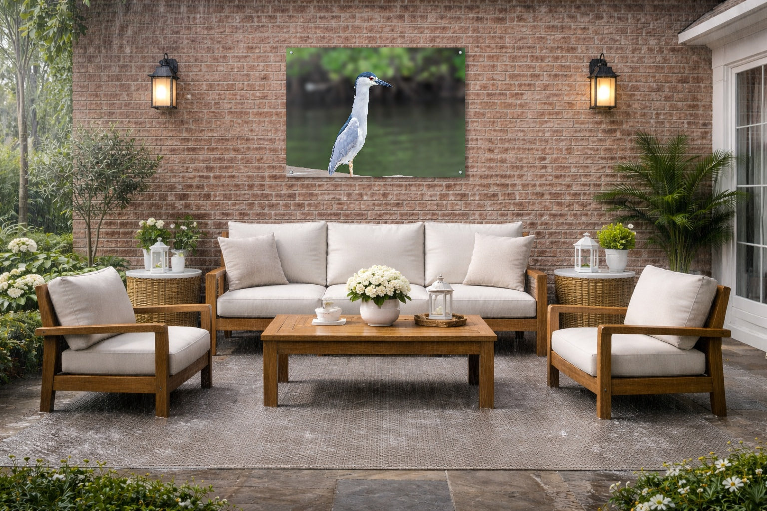 Night Heron Posing printed on water resistant canvas and mounted on a waterproof frame. Hung on a patio wall.