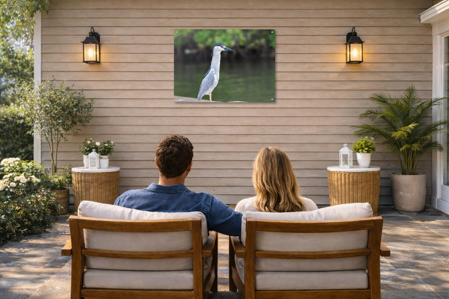 Night Heron Posing printed on water resistant canvas and mounted on a waterproof frame. Hung on a patio wall with couple.