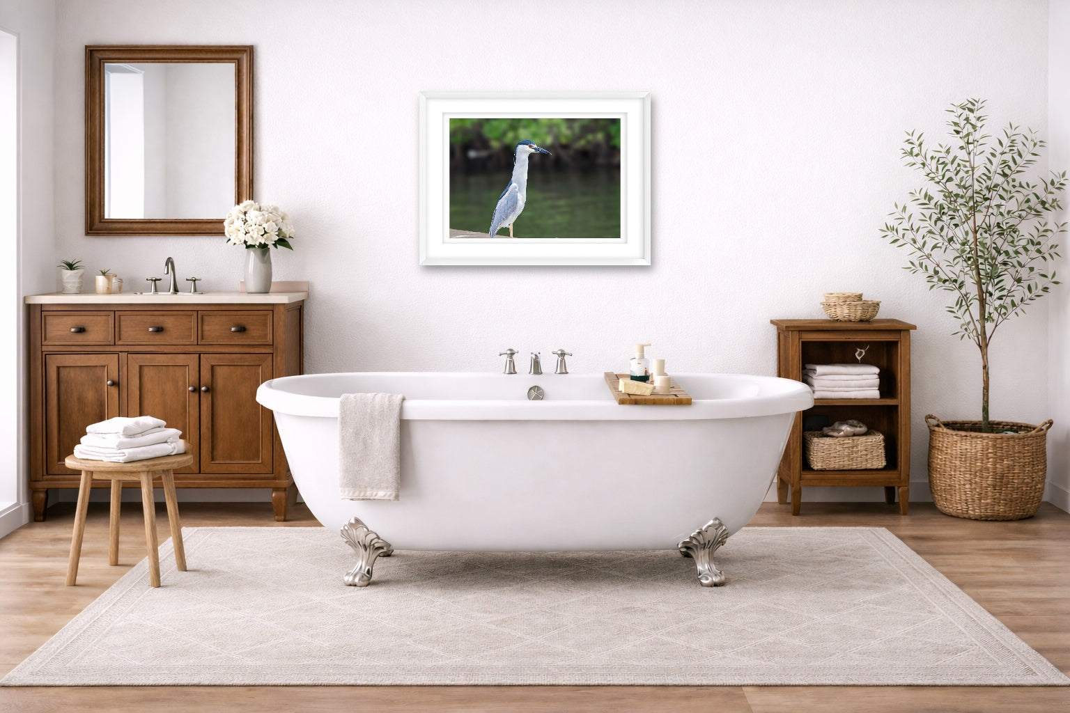 Night Heron Posing printed on fine art paper, framed on a white frame and matted. Hung on a bathroom wall