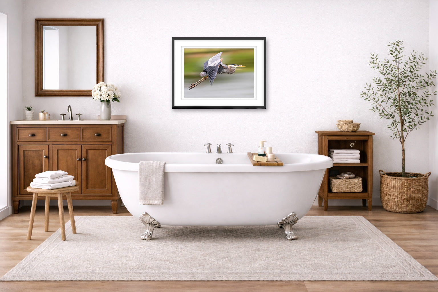 Blue Heron in Flight printed on fine art paper, framed on a black frame and matted and hung on a wall on an bathroom wall.