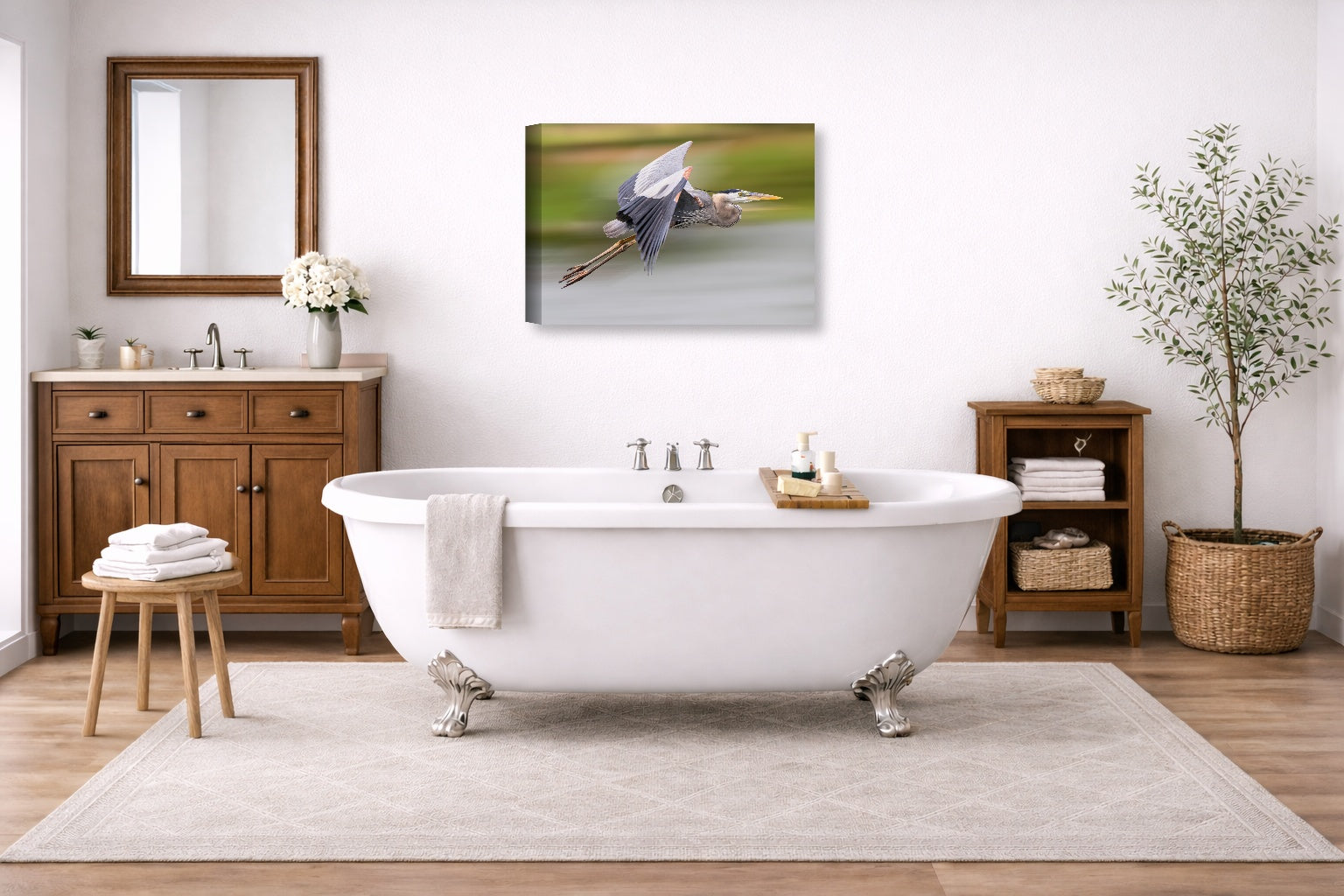 Blue Heron in Flight printed on canvas wall art displayed on a bathroom wall .