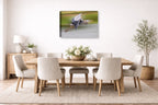 Blue Heron in Flight printed on canvas wall art displayed on a wall in the dinning room