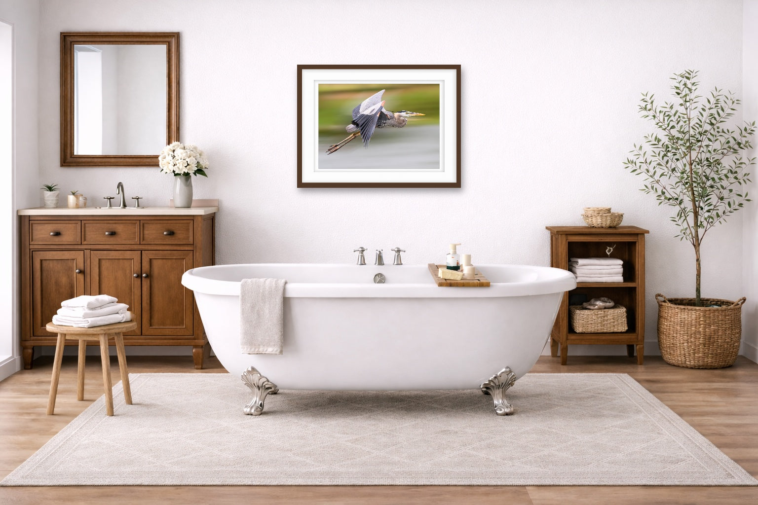 Blue Heron in Flight printed on fine art paper, framed on a espresso frame and matted. Hung on a bathroom wall.