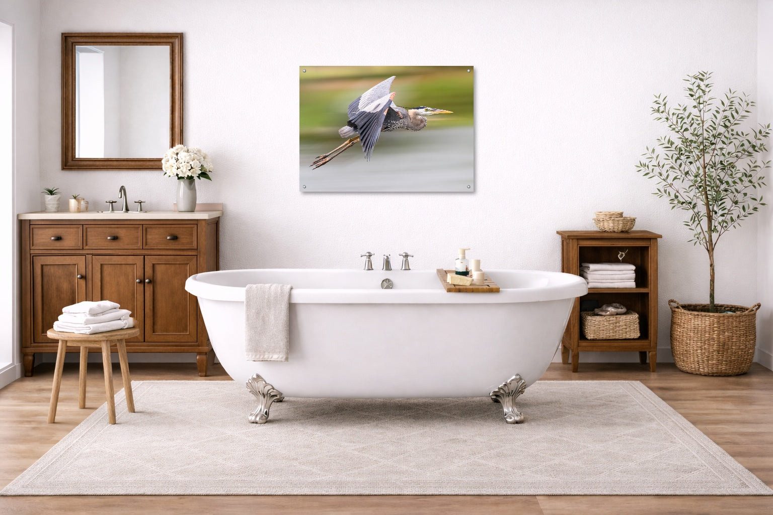 Blue Heron in Flight printed on aluminum metal with wall anchors. Hung on a bathroom wall.