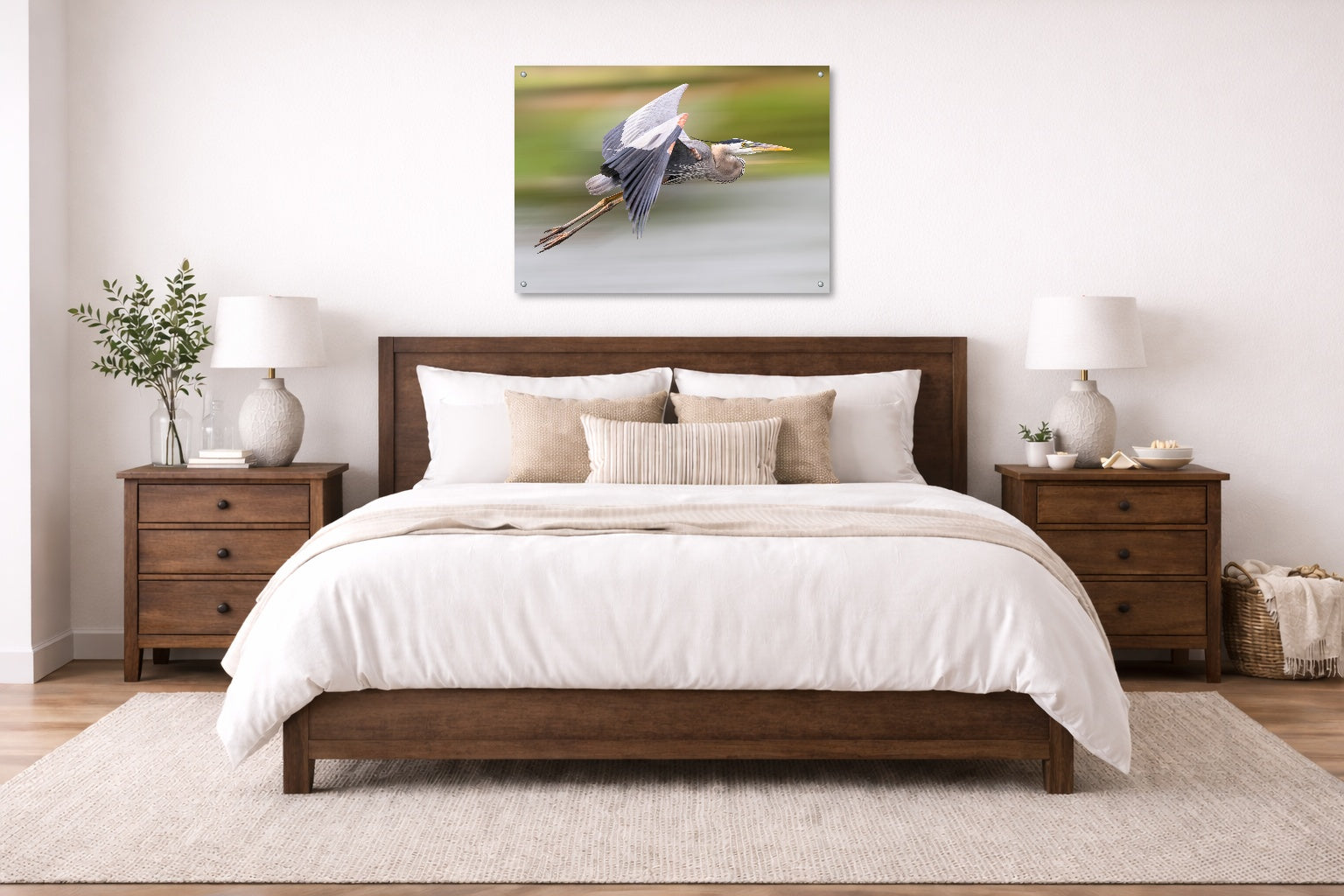 Blue Heron in Flight printed on aluminum metal with wall anchors. Hung on a bedroom wall.