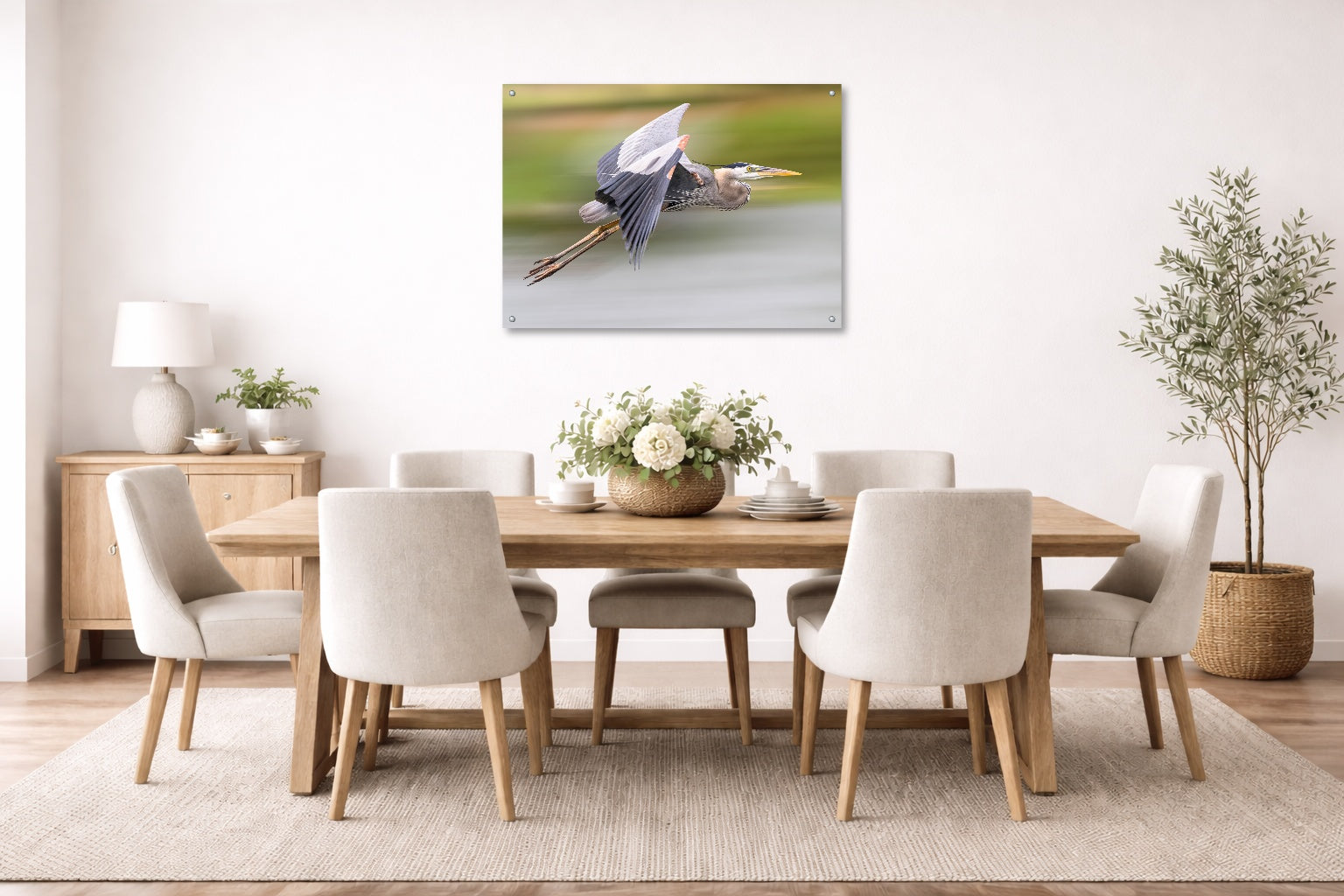 Blue Heron in Flight printed on aluminum metal with wall anchors. Hung on a dining room wall.