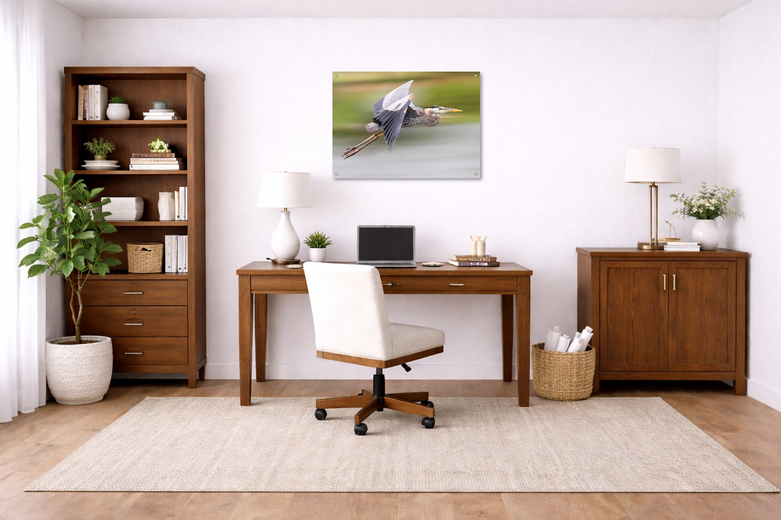 Blue Heron in Flight printed on aluminum metal with wall anchors. Hung on a office wall.