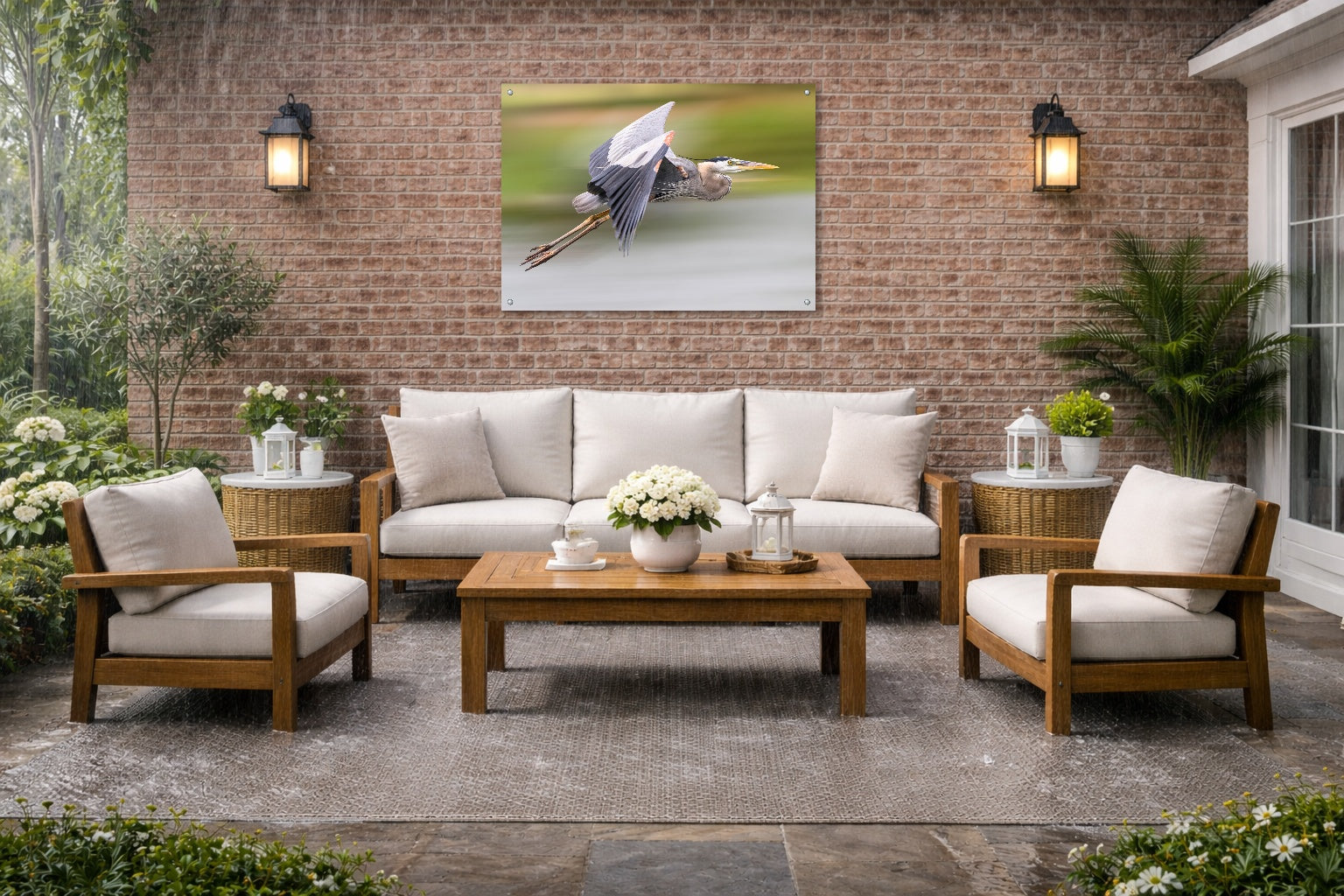 Blue Heron in Flight printed on water resistant canvas and mounted on a waterproof frame. Hung on a patio wall.