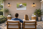 Blue Heron in Flight printed on water resistant canvas and mounted on a waterproof frame. Hung on a patio wall with couple.