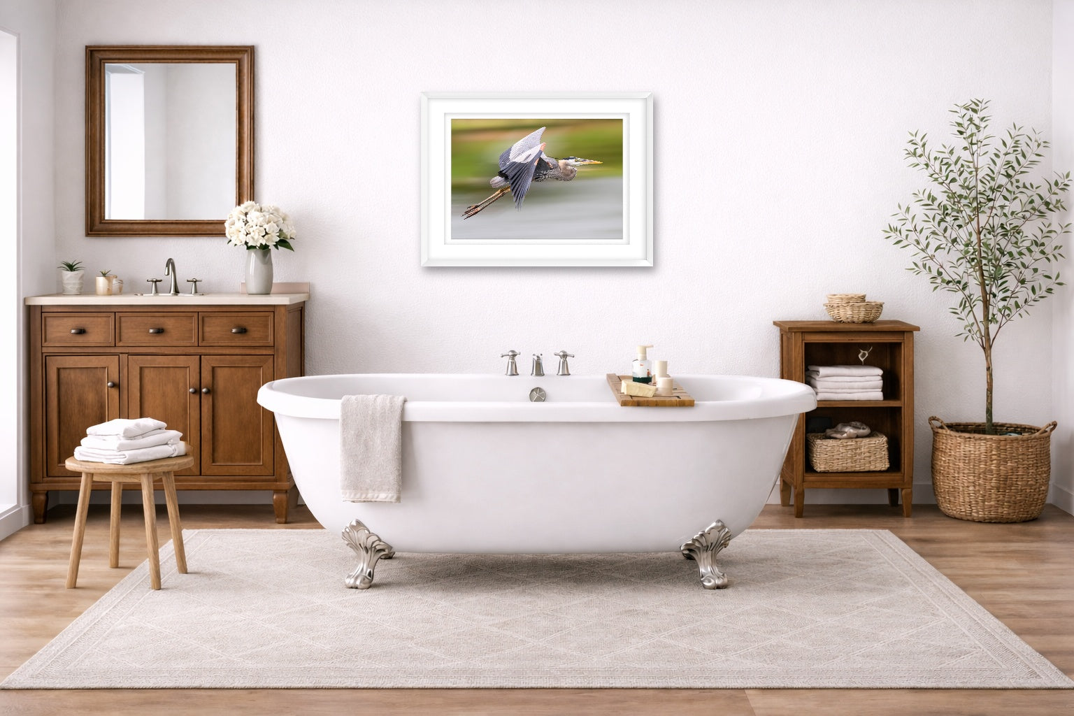Blue Heron in Flight printed on fine art paper, framed on a white frame and matted. Hung on a bathroom wall