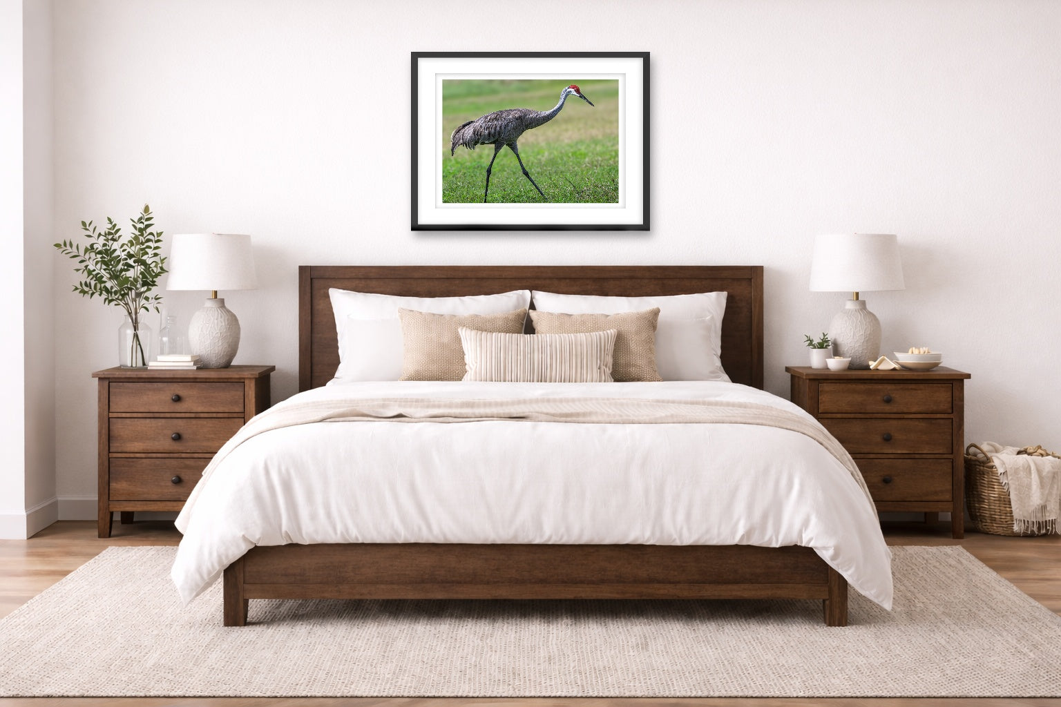 Sandhill Crane - Walking printed on fine art paper, framed on a black frame and matted and hung on a wall on an bedroom wall.