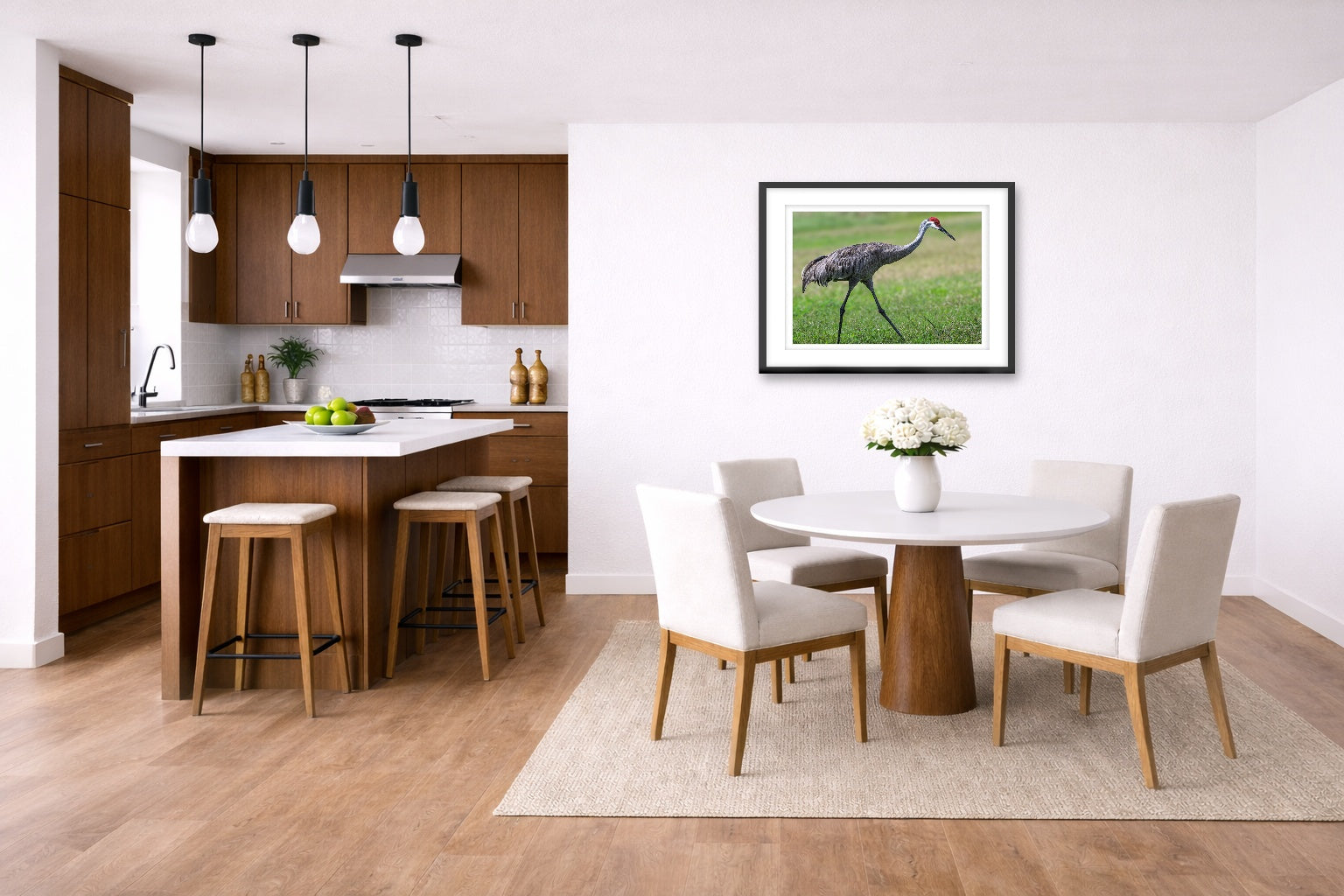 Sandhill Crane - Walking printed on fine art paper, framed on a black frame and matted and hung on a wall on a dinette wall.