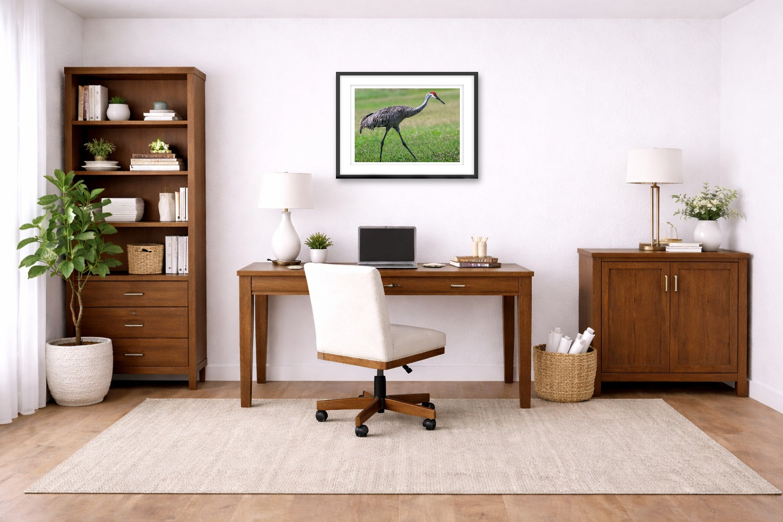 Sandhill Crane - Walking printed on fine art paper, framed on a black frame and matted and hung on a wall on an home office wall.