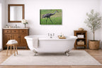 Sandhill Crane - Walking printed on canvas wall art displayed on a bathroom wall .